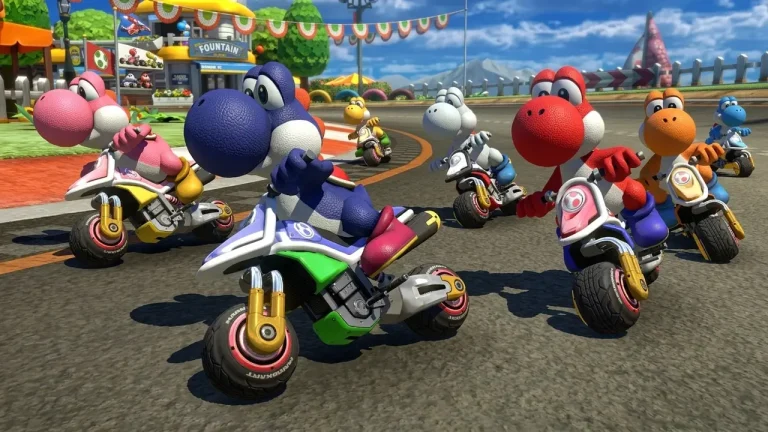 Mario Kart 8 Deluxe Switch NSP Yoshi racing on a motorcycle