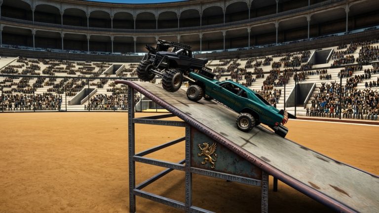 Monster Truck Arena Battle Royale Switch NSP trucks climbing and jumping across a large ramp in Monster Truck Arena