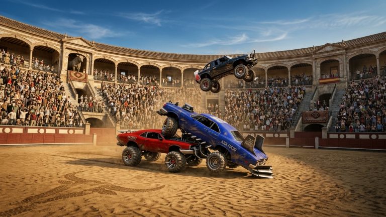 Monster Truck Arena Battle Royale Switch NSP launching into the air during an extreme stunt competition inside a stadium