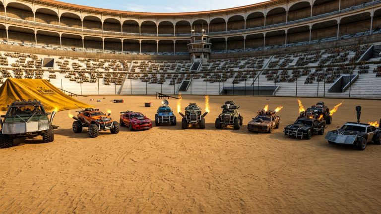 Monster Truck Arena Battle Royale Switch NSP Lineup of customized monster trucks preparing for an intense arena battle