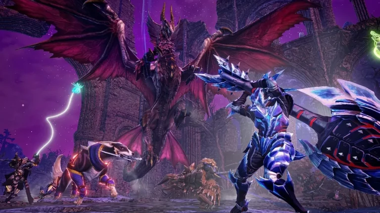 Monster Hunter Rise Sunbreak Switch NSP Armored hunter fighting a giant dragon monster
