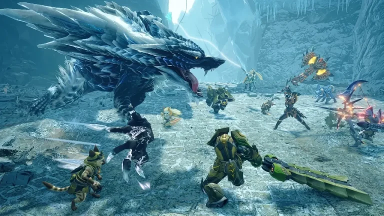 Monster Hunter Rise Sunbreak Switch NSP fighting a large ice monster in a frozen area