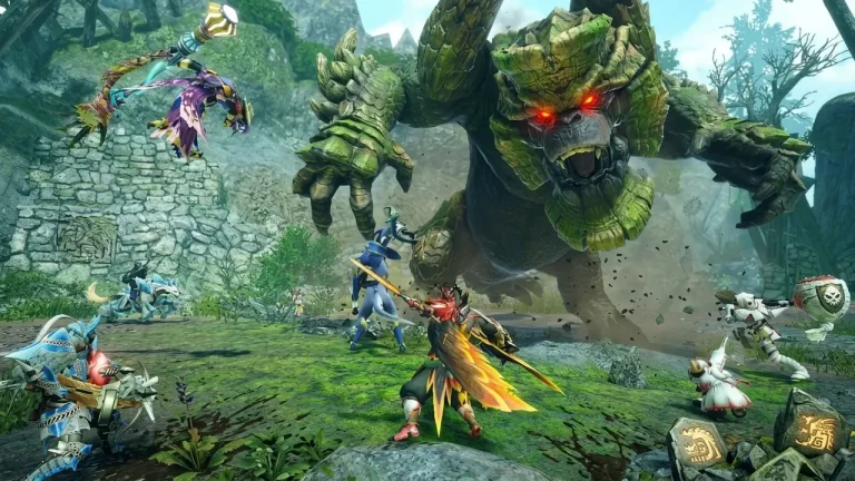 Monster Hunter Rise Sunbreak Switch NSP hunters facing a giant green monster in a forest