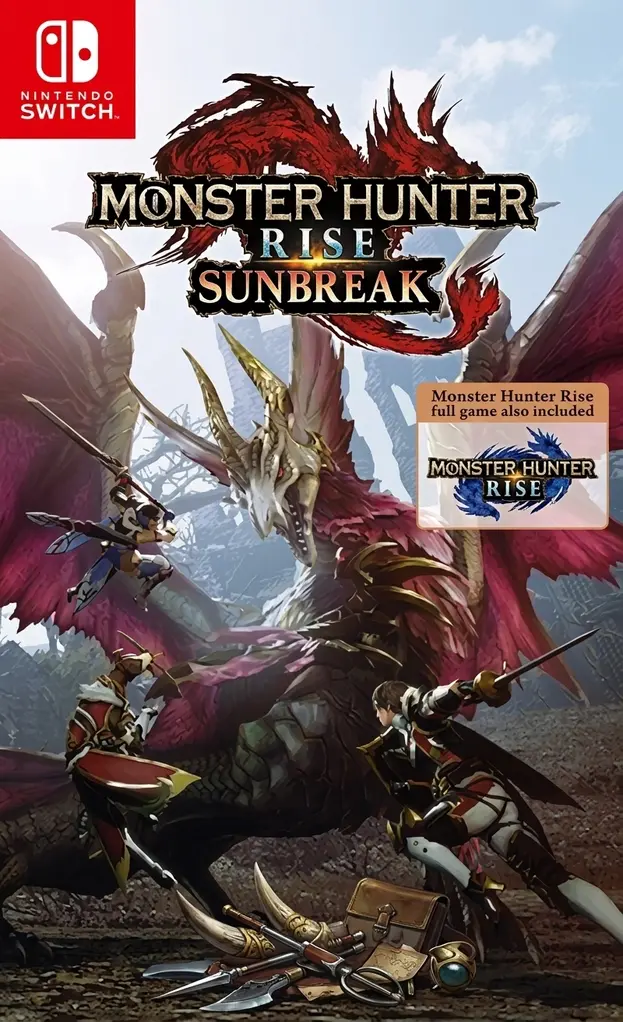 Monster Hunter Rise Sunbreak Switch NSP Nintendo Switch game cover with hunters fighting a dragon