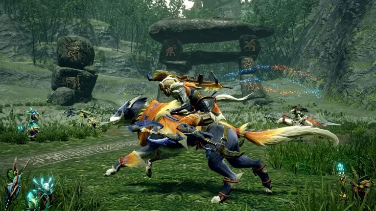 Monster Hunter Rise Sunbreak Switch NSP riding a Palamute through a lush forest area