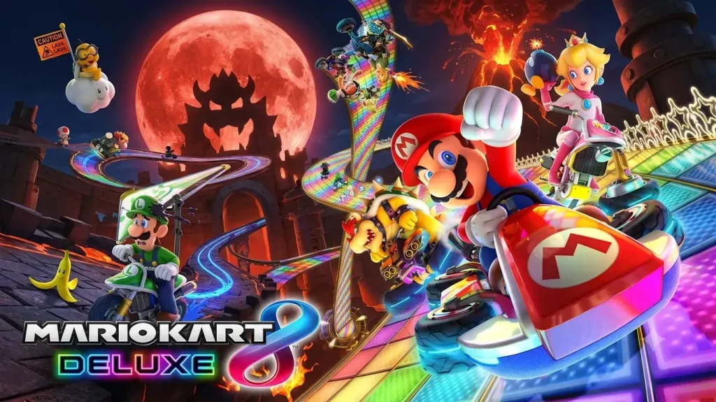 Mario Kart 8 Deluxe Switch NSP XCI artwork featuring Mario, Luigi, Princess Peach, Bowser, and Rainbow Road during an exciting kart race.