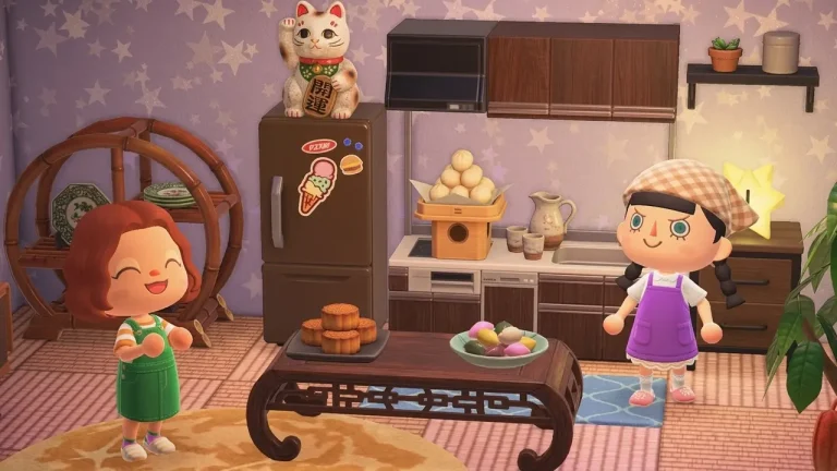 Animal Crossing New Horizons Switch NSP kitchen room with Asian-themed decor and lucky cat