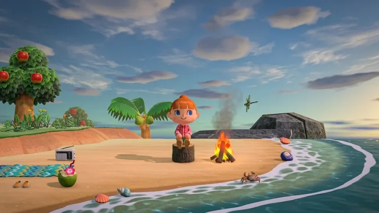 Animal Crossing New Horizons Switch NSP villager relaxing by beach campfire at sunset
