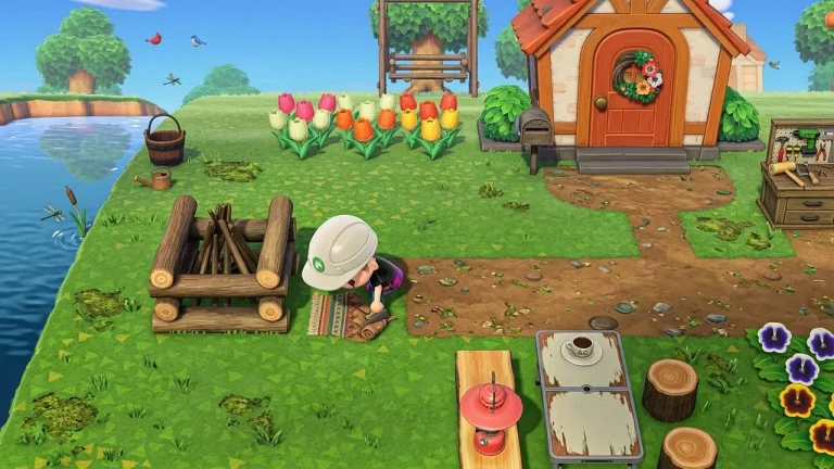 Animal Crossing New Horizons Switch NSP character crafting near river with tulip garden