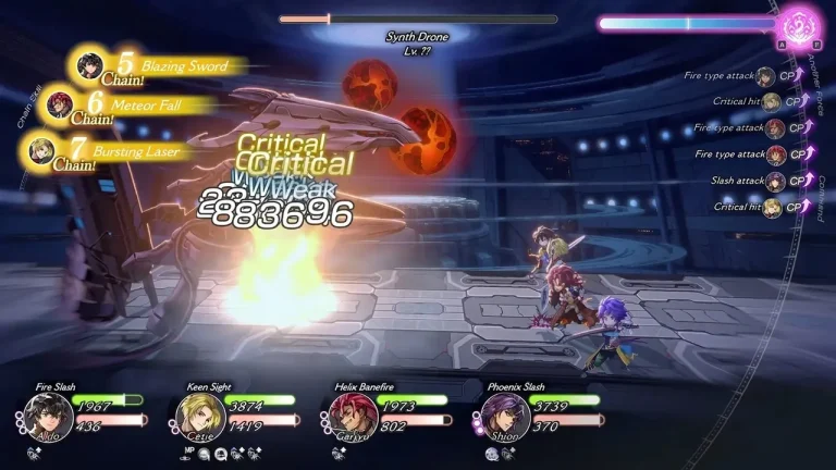Another Eden Begins Switch NSP Four heroes unleash a 7-hit chain skill with critical damage on the Synth Drone boss in Another Eden Begins.