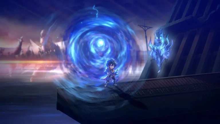 Another Eden Begins Switch NSP Chibi hero stands before a swirling blue time portal beside a glowing spirit in Another Eden Begins.