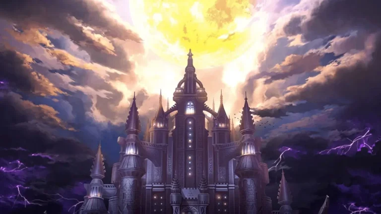 Another Eden Begins Switch NSP Gothic castle with tall spires under a huge glowing yellow moon and purple lightning clouds.