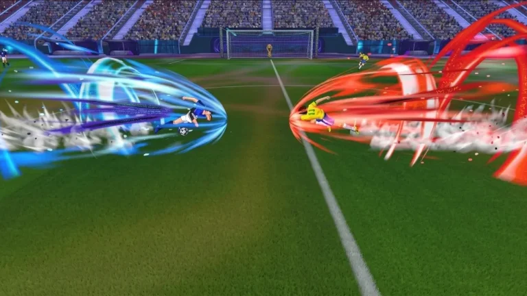 Captain Tsubasa II World Fighters Switch NSP Two players collide in midair as blue and red special shot effects swirl across the pitch