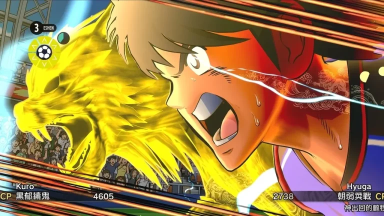 Captain Tsubasa II World Fighters Switch NSP Hyuga roars beside a golden lion aura during a special move showdown with Kuro