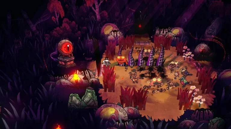 Cult of the Lamb Switch NSP character battling tentacle monster in dark forest