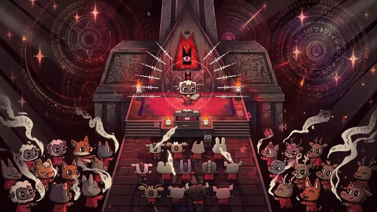Cult of the Lamb Switch NSP sermon ritual with followers kneeling before altar