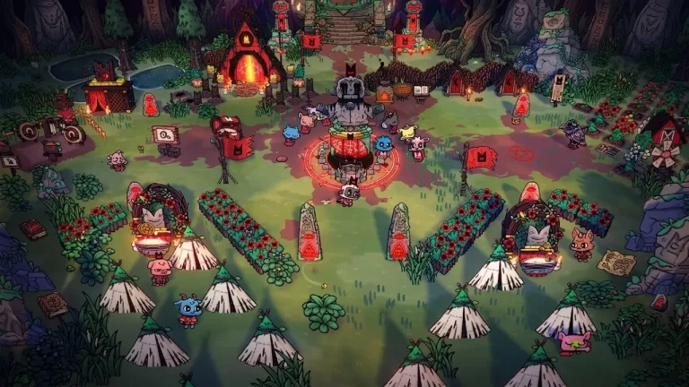 Cult of the Lamb Switch NSP village overview with followers gathered around central shrine