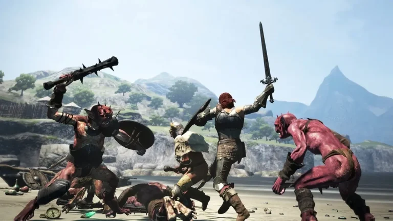 Dragons Dogma Dark Arisen Switch NSP character battling goblins on beach
