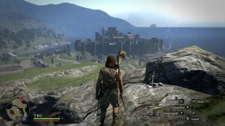 Dragons Dogma Dark Arisen Switch NSP character overlooking coastal castle from cliff