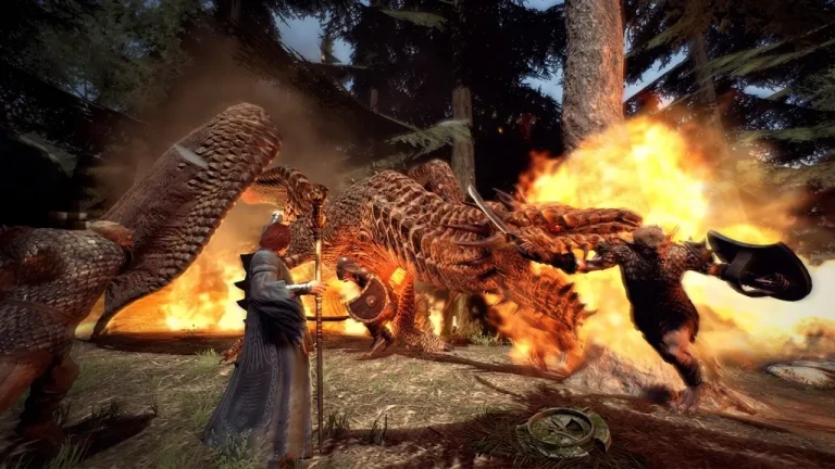 Dragons Dogma Dark Arisen Switch NSP party fighting fire-breathing drake in forest