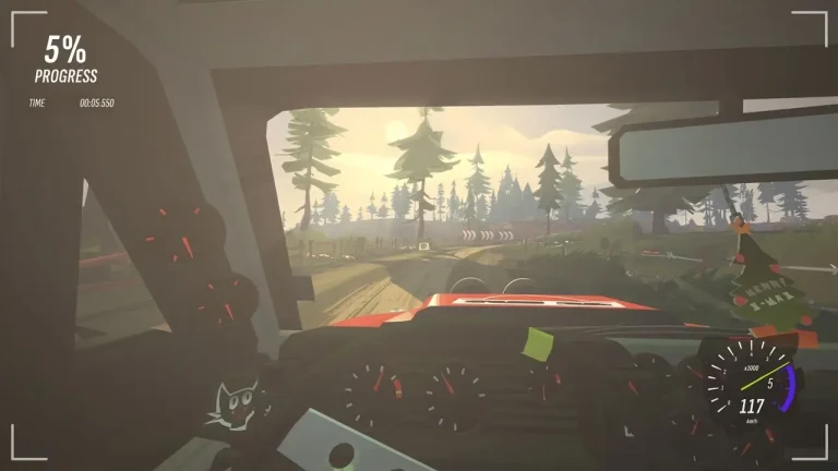 Drive Rally Switch NSP cockpit view racing through forest stage at sunrise