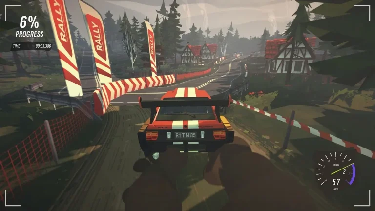 Drive Rally Switch NSP car racing past rally banners in European village stage