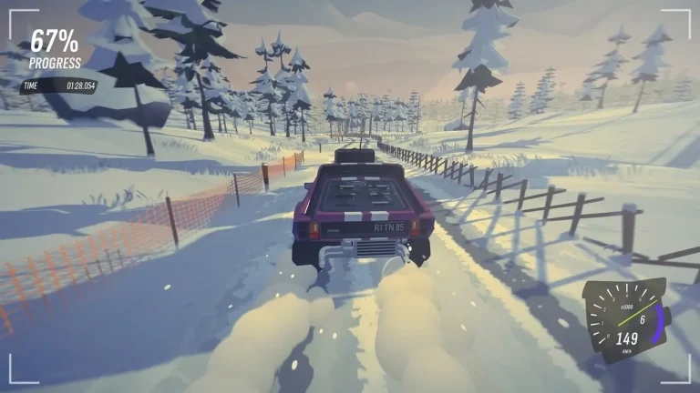Drive Rally Switch NSP rear chase view of car racing through snowy mountain stage