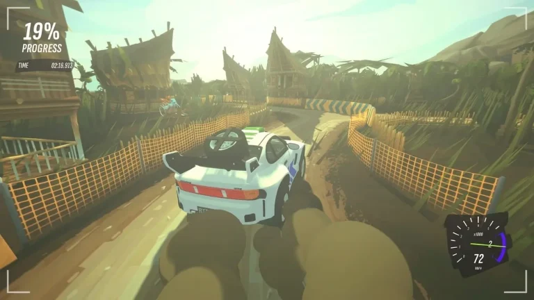 Drive Rally Switch NSP third-person view racing through tropical village stage