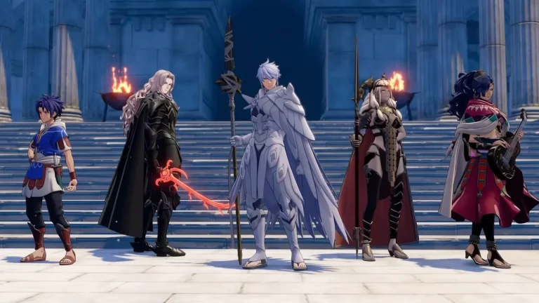 Fire Emblem Fortune's Weave Switch NSP Five armored characters stand together on stone steps