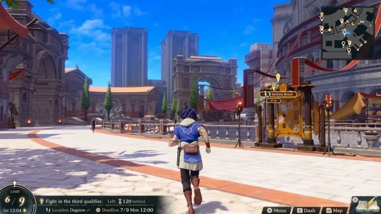 Fire Emblem Fortune's Weave Switch NSP Player character runs through the sunny streets of Dagsion city past a bulletin board