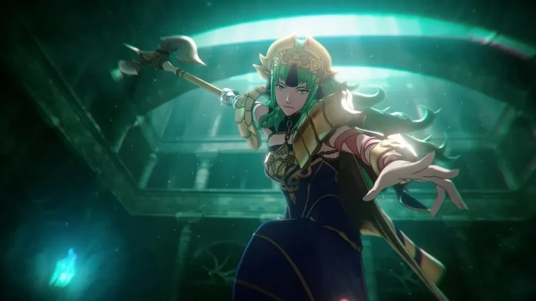 Fire Emblem Fortune's Weave Switch NSP Green-haired warrior wields a battle axe in glowing gold armor