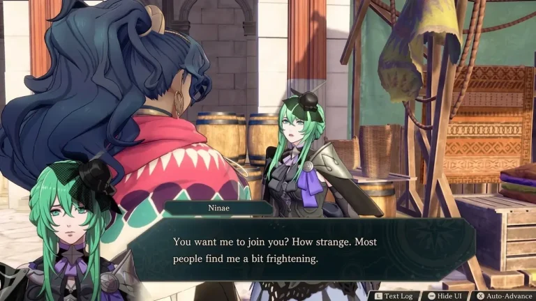 Fire Emblem Fortune's Weave Switch NSP Ninae speaks with another character in a marketplace dialogue scene