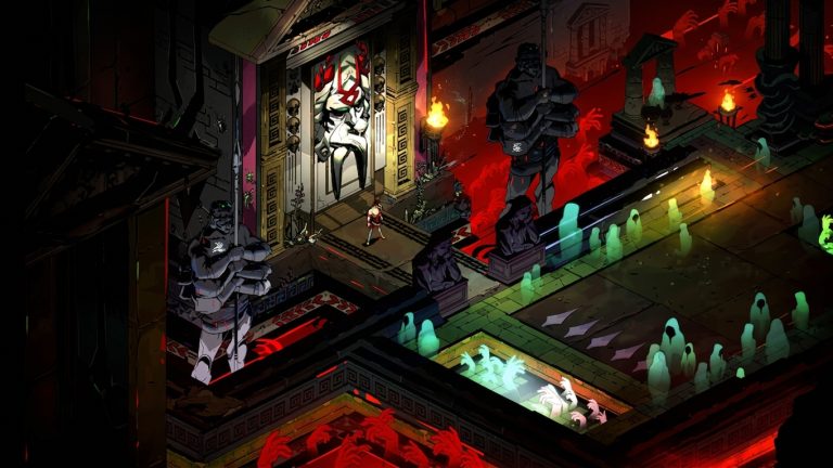 Hades Switch NSP Zagreus approaches a skull-marked temple door guarded by giant statues and glowing ghosts in Hades.
