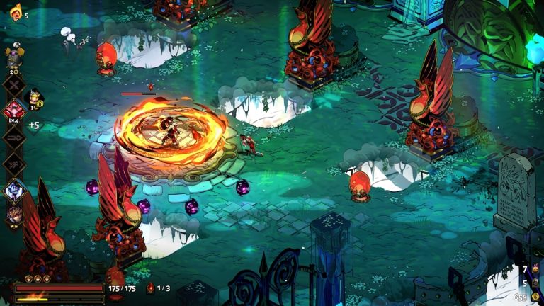Hades Switch NSP Zagreus unleashes a fiery spin attack in a frosty underworld chamber lined with phoenix statues in Hades.