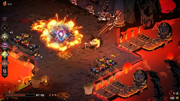 Hades Switch NSP Zagreus fights skeleton enemies near fruit-filled treasure chests and lava pits in Hades.