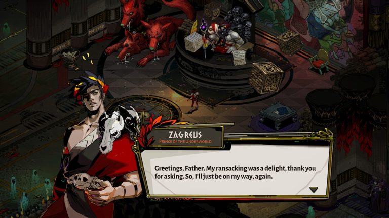 Hades Switch NSP Zagreus talks with his father Hades in the House of Hades while Cerberus rests nearby in Hades.