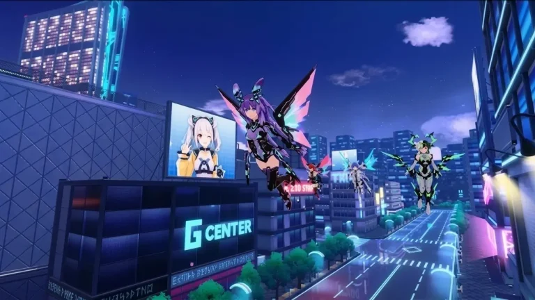 Hyperdimension Neptunia Unlimited Switch NSP characters flying over neon cyberpunk city