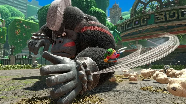 Kirby and the Forgotten Land Switch NSP Kirby using the Drill ability against a giant gorilla boss