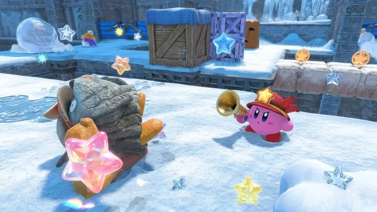 Kirby and the Forgotten Land Switch NSP Kirby using the Ranger ability in a snowy frozen ruins level