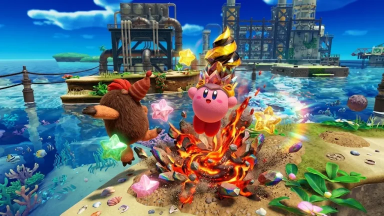 Kirby and the Forgotten Land Switch NSP Kirby using a powerful fire ability during a battle near a coastal factory