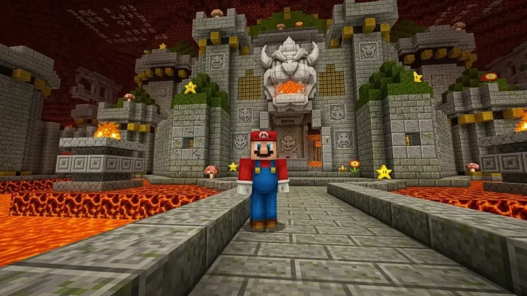 Minecraft Switch NSP Mario skin standing before a Bowser's Castle build in the Nether