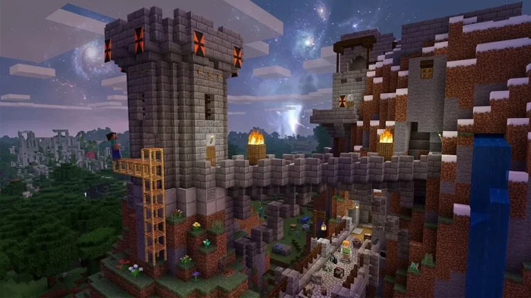 Minecraft Switch NSP Steve exploring a stone castle build under a starry night sky