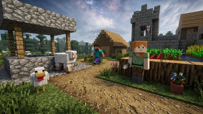 Minecraft Switch NSP village scene featuring Steve, Alex, a sheep, and a chicken