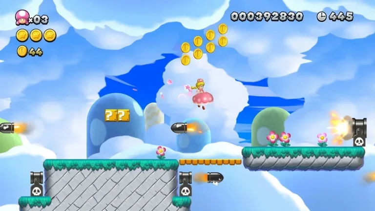 New Super Mario Bros U Deluxe Switch NSP Toadette dodging Bullet Bills in sky level