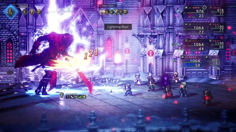 Octopath Traveler 0 Switch NSP party battling large boss with lightning attack