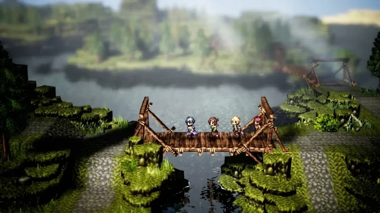 Octopath Traveler 0 Switch NSP party crossing wooden bridge in misty forest