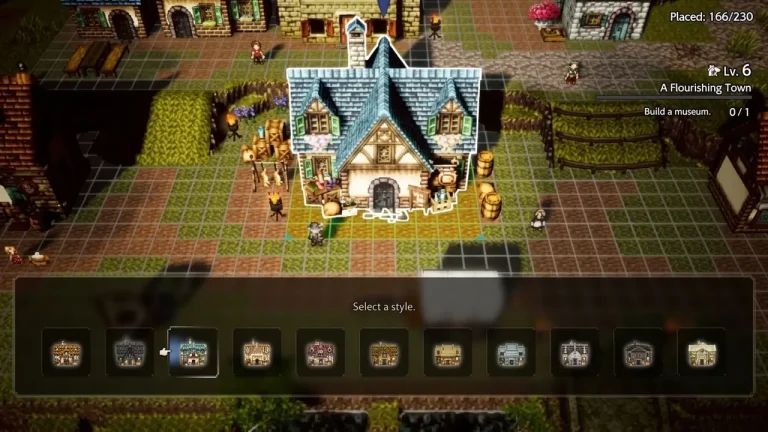 Octopath Traveler 0 Switch NSP town-building interface with building style selection