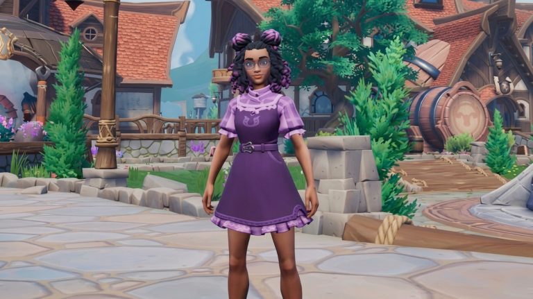 Palia Switch NSP customized character wearing purple dress standing in village