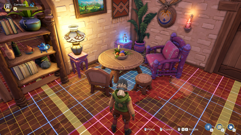 Palia Switch NSP character placing furniture in decorated room with Cornelius