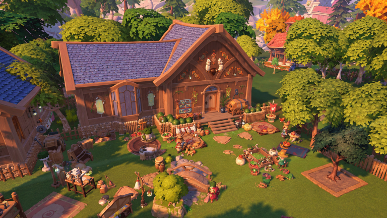 Palia Switch NSP player home with garden, crops, and NPC villagers outside